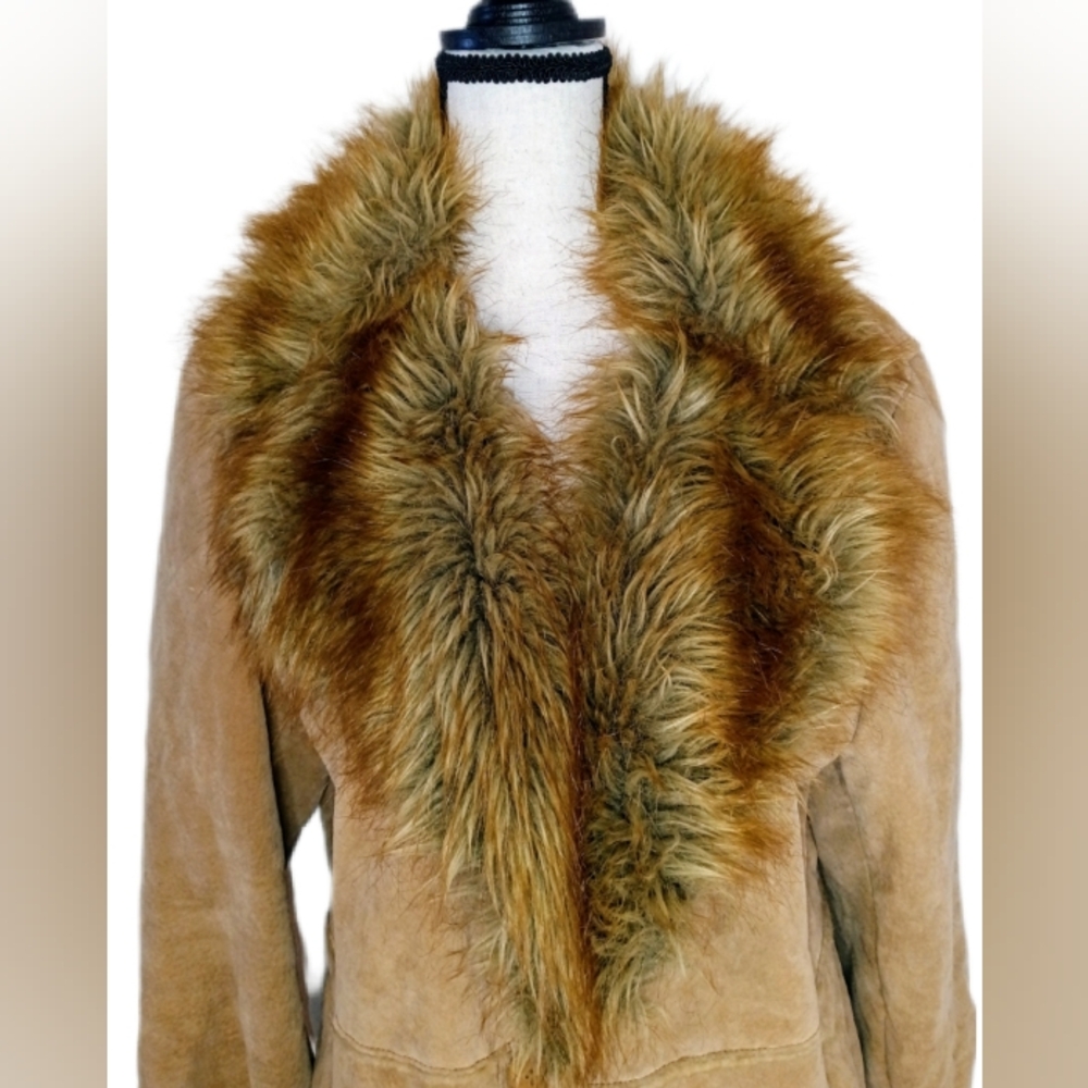 Vintage St. John's Bay 90s y2k Penny Lane Style Tan Leather Faux Fur Coat Size L - Picture 3 of 15